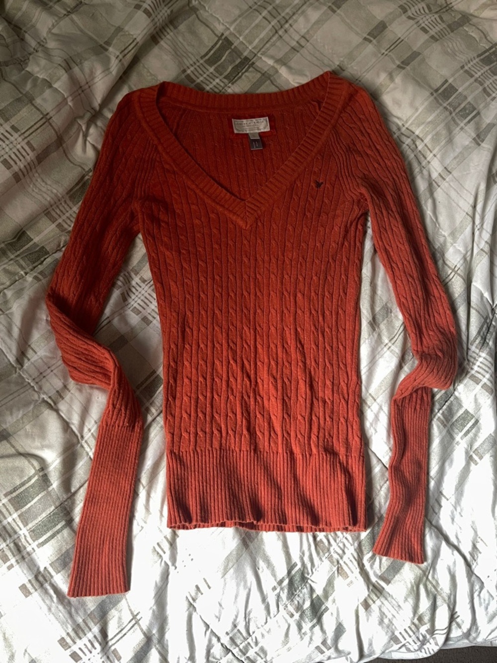 American Eagle Outfitters Women's Rust Orange Cable V-Neck Sweater
